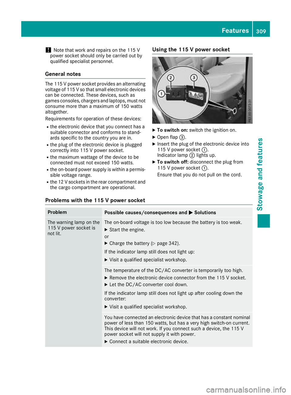 MERCEDES-BENZ GLE SUV 2018 Owners Manual !Note that work and repairs on the 115 V
power socket should only be carried out by
qualified specialist personnel.
General notes
The 115 Vpower socket provides an alternating
voltage of 115 V so that MERCEDES-BENZ GLE SUV 2018 Owners Manual !Note that work and repairs on the 115 V
power socket should only be carried out by
qualified specialist personnel.
General notes
The 115 Vpower socket provides an alternating
voltage of 115 V so that