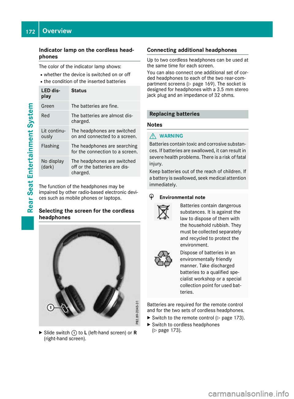 MERCEDES-BENZ GLE SUV 2018  COMAND Manual Indicator lamp on the cordless head-
phones
The color of theindicator lamp shows:
Rwhether th edevice is switched on or off
Rth econdition of th einserted batterie s
LED dis-
pla yStatus
Gree nThe bat