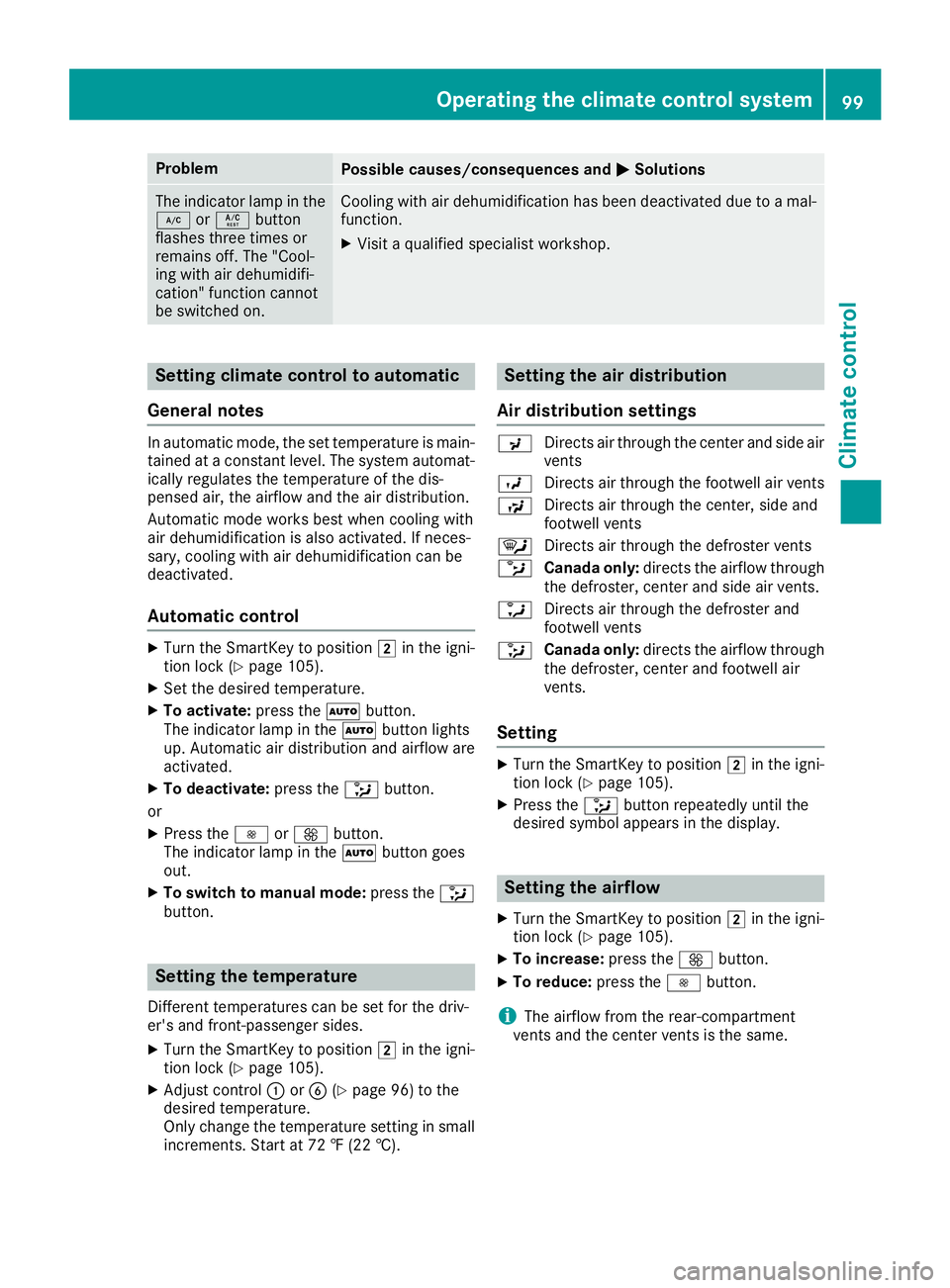 MERCEDES-BENZ G-CLASS 2018 Owners Manual ProblemPossible causes/consequences andMSolutions
The indicator lamp in the
¿orÁ button
flashes three times or
remains off. The "Cool-
ing with air dehumidifi-
cation" function cannot
be swi MERCEDES-BENZ G-CLASS 2018 Owners Manual ProblemPossible causes/consequences andMSolutions
The indicator lamp in the
¿orÁ button
flashes three times or
remains off. The "Cool-
ing with air dehumidifi-
cation" function cannot
be swi