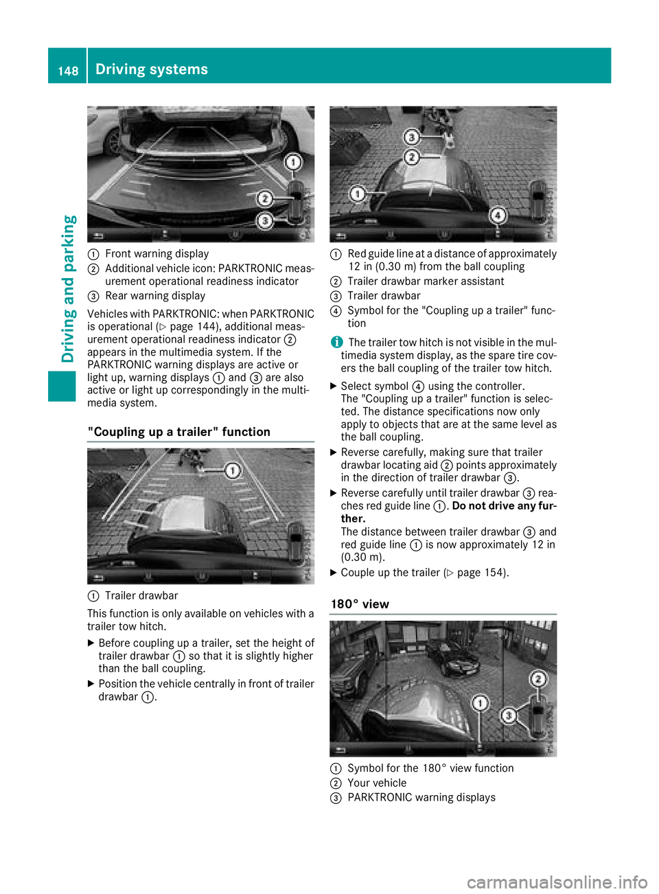 MERCEDES-BENZ G-CLASS 2018  Owners Manual :Front warning display
;Additional vehicle icon: PARKTRONIC meas-
urement operational readiness indicator
=Rear warning display
Vehicles with PARKTRONIC: when PARKTRONIC
is operational (
Ypage 144), a