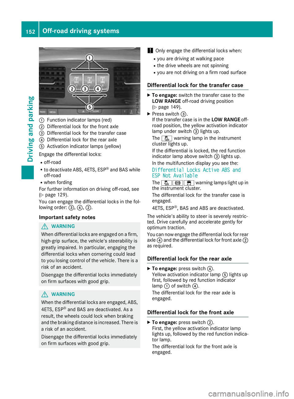 MERCEDES-BENZ G-CLASS 2018 Owners Manual :Function indicator lamps (red)
;Differential lock for the front axle
=Differential lock for the transfer case
?Differential lock for the rear axle
AActivation indicator lamps (yellow)
Engage the diff MERCEDES-BENZ G-CLASS 2018 Owners Manual :Function indicator lamps (red)
;Differential lock for the front axle
=Differential lock for the transfer case
?Differential lock for the rear axle
AActivation indicator lamps (yellow)
Engage the diff
