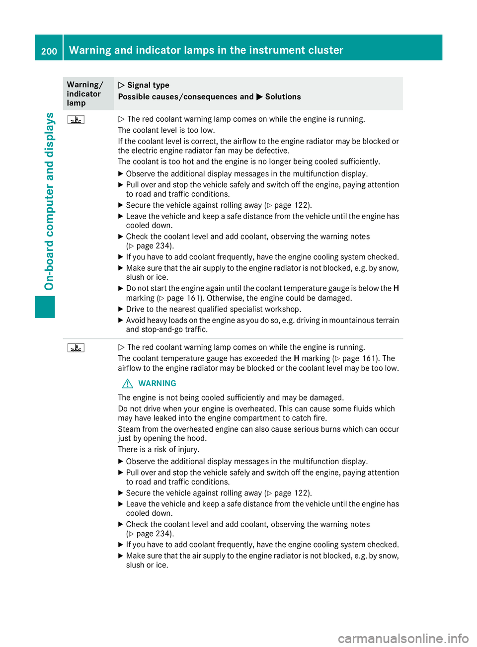 MERCEDES-BENZ G-CLASS 2018 Owners Manual Warning/
indicator
lampNSignal type
Possible causes/consequences and M
Solutions
?NThe red coolant warning lamp comes on while the engine is running.
The coolant level is too low.
If the coolant level MERCEDES-BENZ G-CLASS 2018 Owners Manual Warning/
indicator
lampNSignal type
Possible causes/consequences and M
Solutions
?NThe red coolant warning lamp comes on while the engine is running.
The coolant level is too low.
If the coolant level
