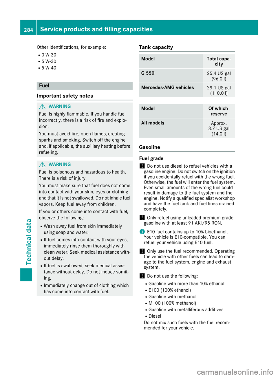 MERCEDES-BENZ G-CLASS 2018 Owners Manual Other identifications, for example:
R0 W-30
R5 W-30
R5 W-40
Fuel
Important safety notes
GWARNING
Fuel is highly flammable. If you handle fuel
incorrectly, there is a risk of fire and explo-
sion.
You MERCEDES-BENZ G-CLASS 2018 Owners Manual Other identifications, for example:
R0 W-30
R5 W-30
R5 W-40
Fuel
Important safety notes
GWARNING
Fuel is highly flammable. If you handle fuel
incorrectly, there is a risk of fire and explo-
sion.
You