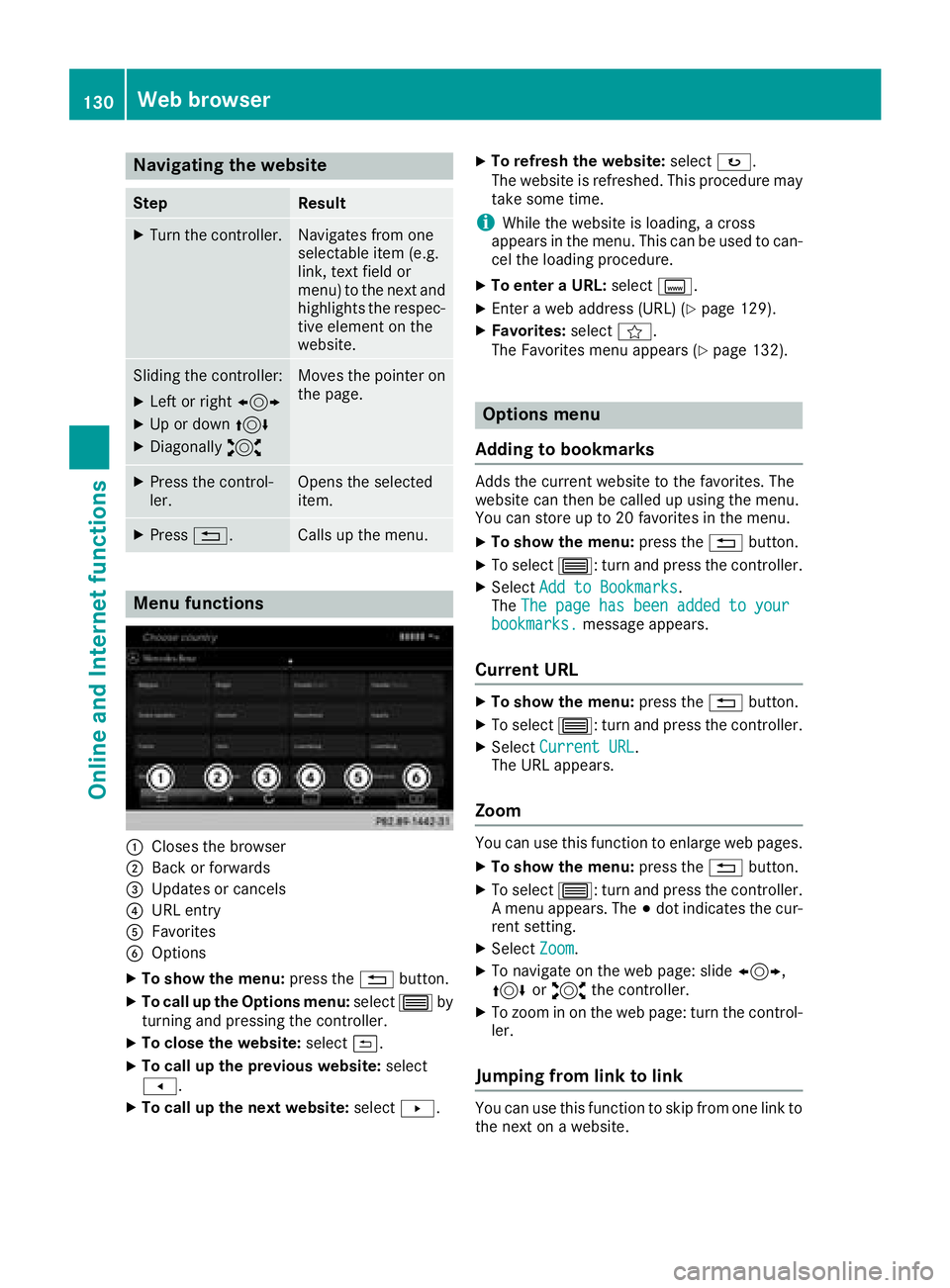 MERCEDES-BENZ G-CLASS 2018 COMAND Manual Navigating the website
StepResult
XTurn the controller.Navigates from one
selectable item (e.g.
link, text field or
menu) to the next and
highlights the respec-
tive element on the
website.
Sliding th MERCEDES-BENZ G-CLASS 2018 COMAND Manual Navigating the website
StepResult
XTurn the controller.Navigates from one
selectable item (e.g.
link, text field or
menu) to the next and
highlights the respec-
tive element on the
website.
Sliding th