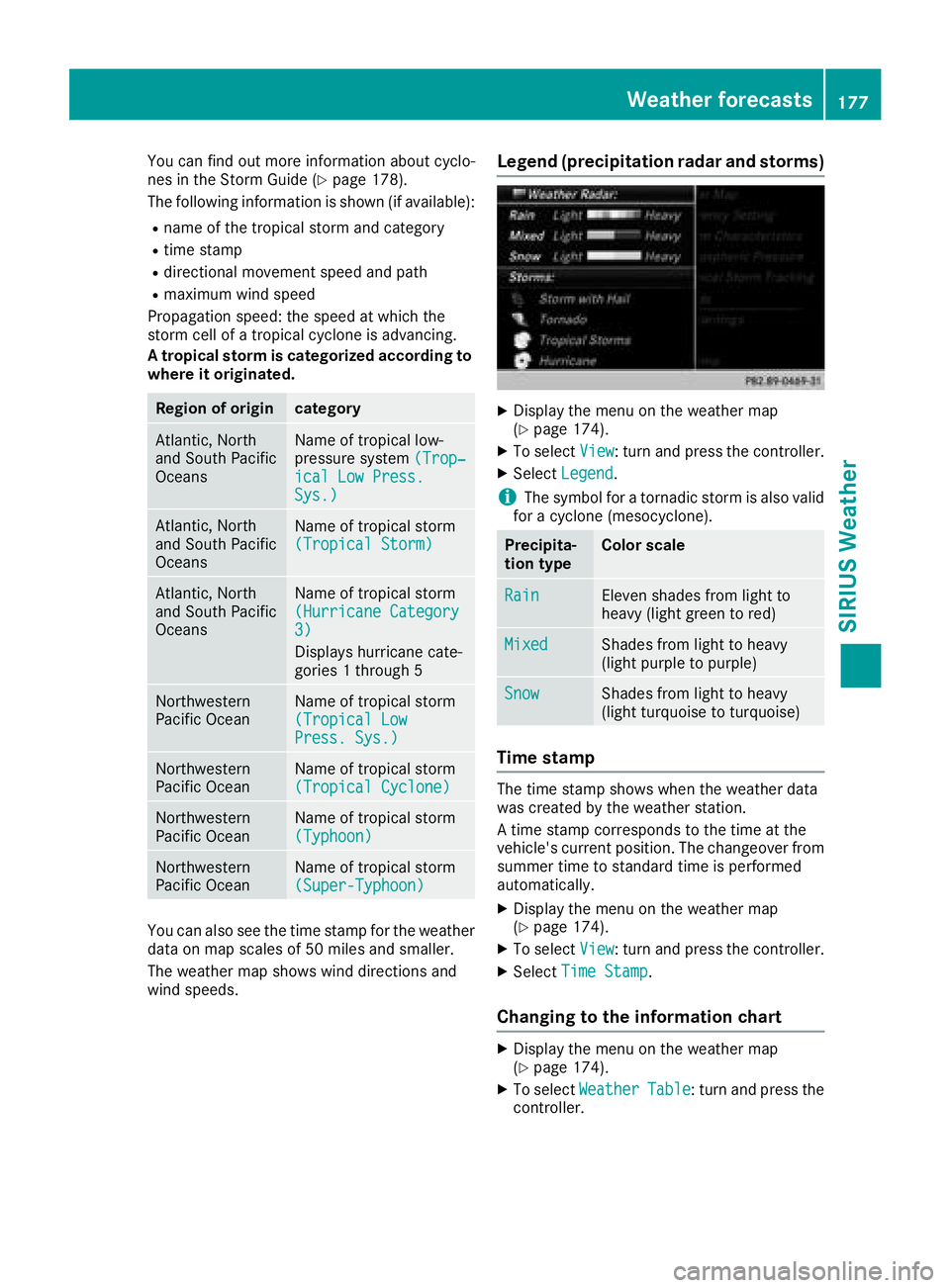 MERCEDES-BENZ G-CLASS 2018 COMAND Manual You can find out more information about cyclo-
nes in the Storm Guide (Ypage 178).
The following information is shown (if available):
Rname of the tropical storm and category
Rtime stamp
Rdirectional MERCEDES-BENZ G-CLASS 2018 COMAND Manual You can find out more information about cyclo-
nes in the Storm Guide (Ypage 178).
The following information is shown (if available):
Rname of the tropical storm and category
Rtime stamp
Rdirectional