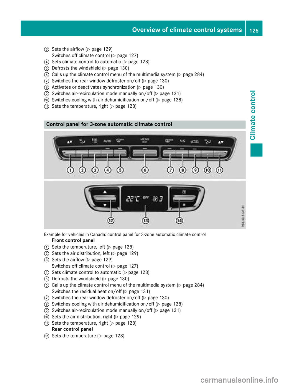 MERCEDES-BENZ GLC SUV 2018  Owners Manual =Sets the airflow (Ypage 129)
Switches off climate control (
Ypage 127)
?Sets climate control to automatic (Ypage 128)
ADefrosts the windshield (Ypage 130)
BCalls up the climate control menu of the mu