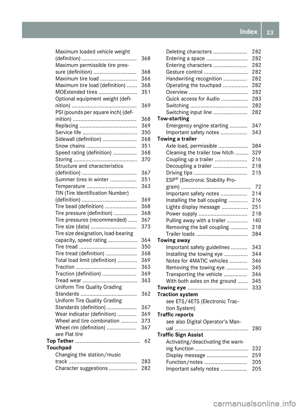 MERCEDES-BENZ GLC SUV 2018  Owners Manual Maximum loaded vehicle weight
(definition) .....................................368
Maximum permissible tire pres-
sure (definition) .............................3 68
Maximum tire load ...............