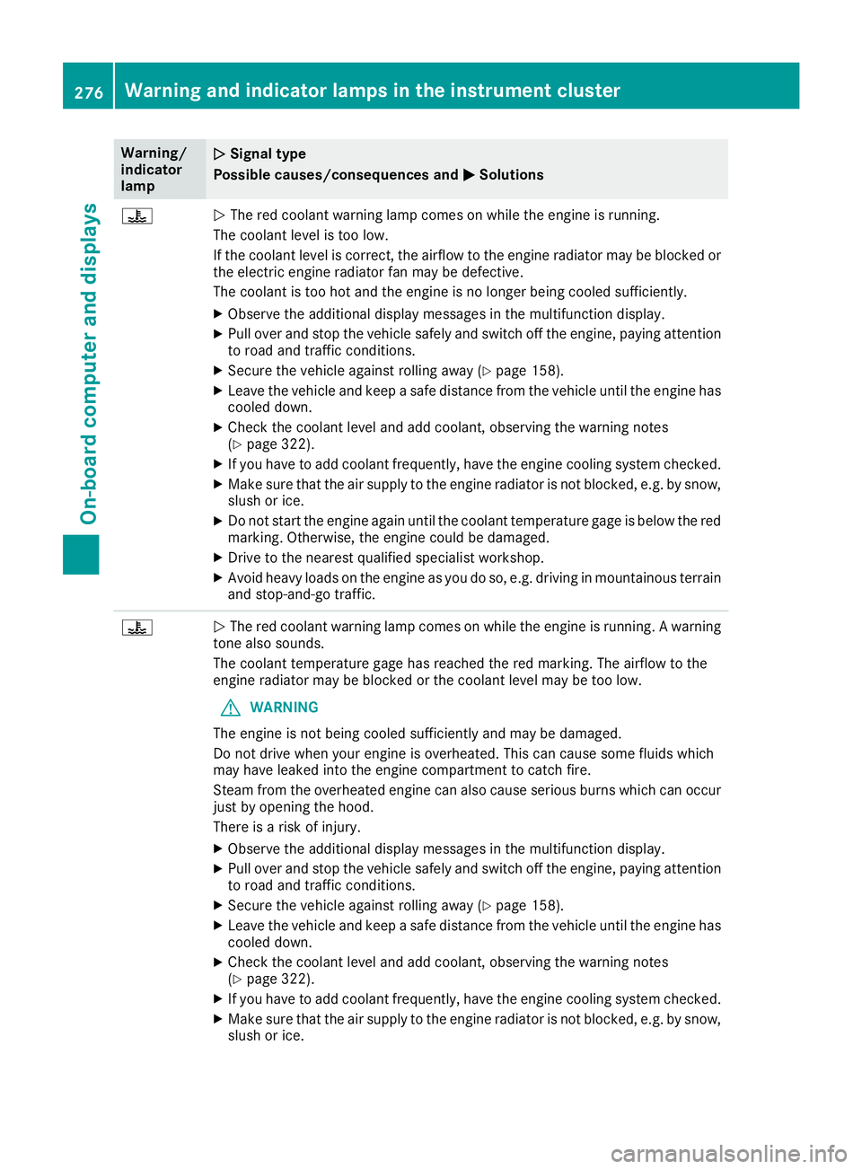 MERCEDES-BENZ GLC SUV 2018 Owners Manual Warning/
indicator
lampNSignal type
Possible causes/consequences and M
Solutions
?NThe red coolant warning lamp comes on while the engine is running.
The coolant level is too low.
If the coolant level MERCEDES-BENZ GLC SUV 2018 Owners Manual Warning/
indicator
lampNSignal type
Possible causes/consequences and M
Solutions
?NThe red coolant warning lamp comes on while the engine is running.
The coolant level is too low.
If the coolant level