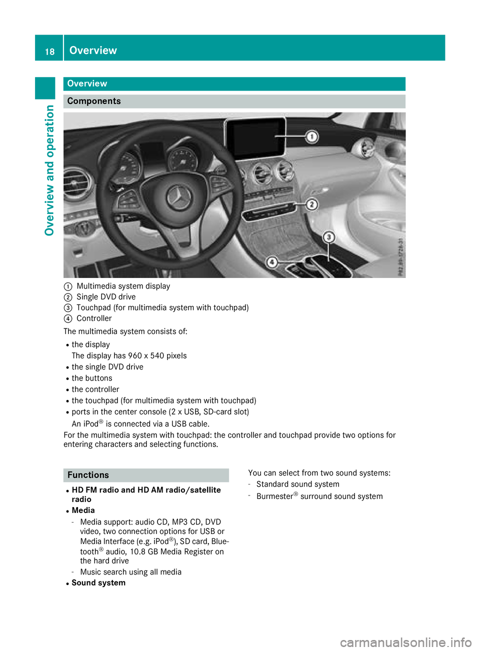 MERCEDES-BENZ GLC COUPE 2018  COMAND Manual Overview
Components
:Multimedia system display
;Single DVD drive
=Touchpad (for multimedia system with touchpad)
?Controller
The multimedia system consists of:
Rthe display
The display has 960 x 540 p