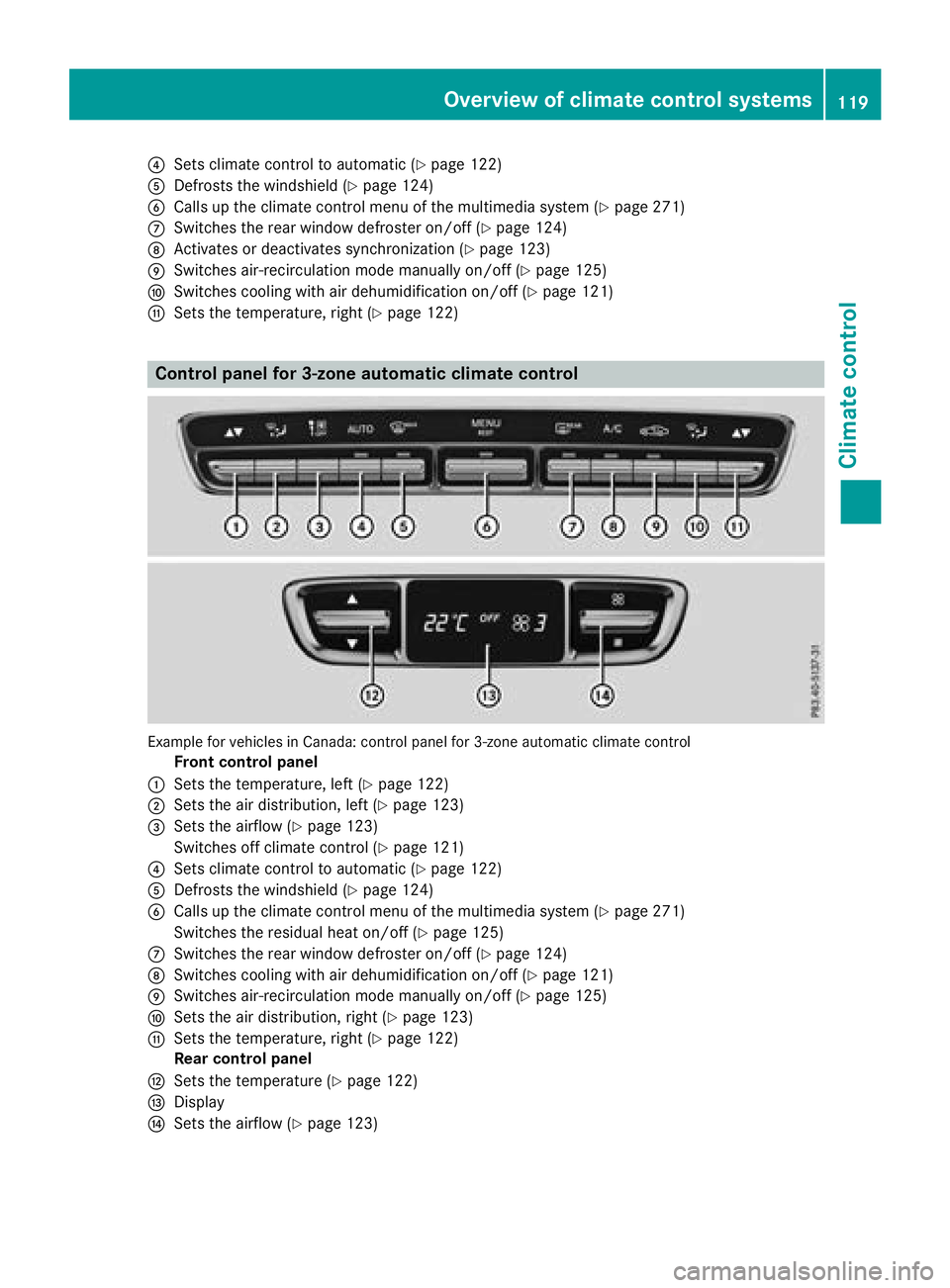 MERCEDES-BENZ GLC COUPE 2018  Owners Manual ?Sets climate control to automatic (Ypage 122)
ADefrosts the windshield (Ypage 124)
BCalls up the climate control menu of the multimedia system (Ypage 271)
CSwitches the rear window defroster on/off (
