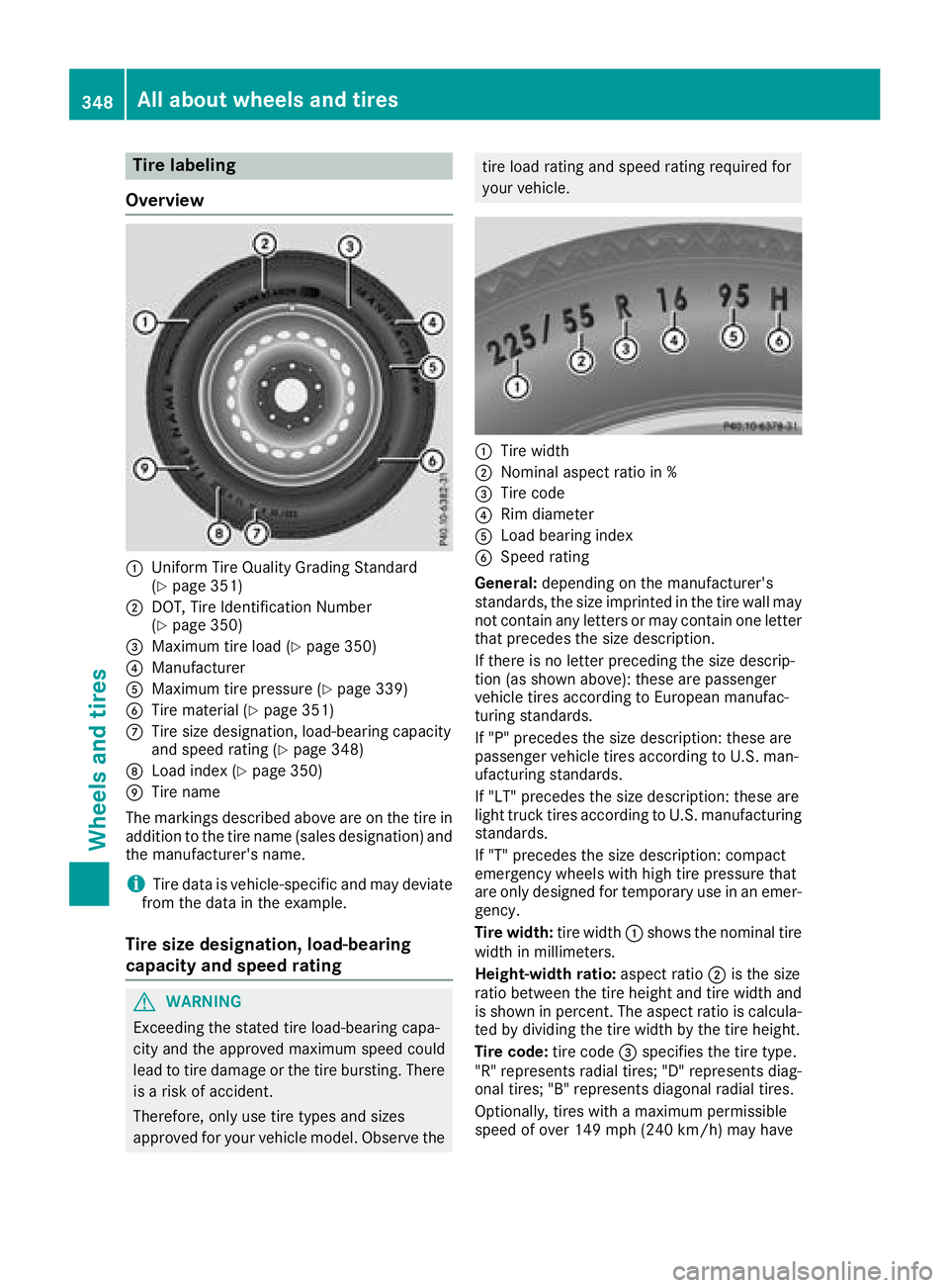 MERCEDES-BENZ GLC COUPE 2018  Owners Manual Tire labeling
Overview
:Uniform Tire Quality Grading Standard
(Ypage 351)
;DOT, Tire Identification Number
(Ypage 350)
=Maximum tire load (Ypage 350)
?Manufacturer
AMaximum tire pressure (Ypage 339)
B
