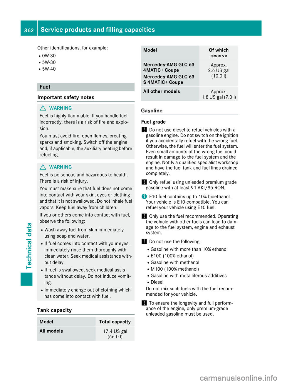MERCEDES-BENZ GLC COUPE 2018  Owners Manual Other identifications, for example:
R0W-30
R5W-30
R5W-40
Fuel
Important safety notes
GWARNING
Fuel is highly flammable. If you handle fuel
incorrectly, there is a risk of fire and explo-
sion.
You mus