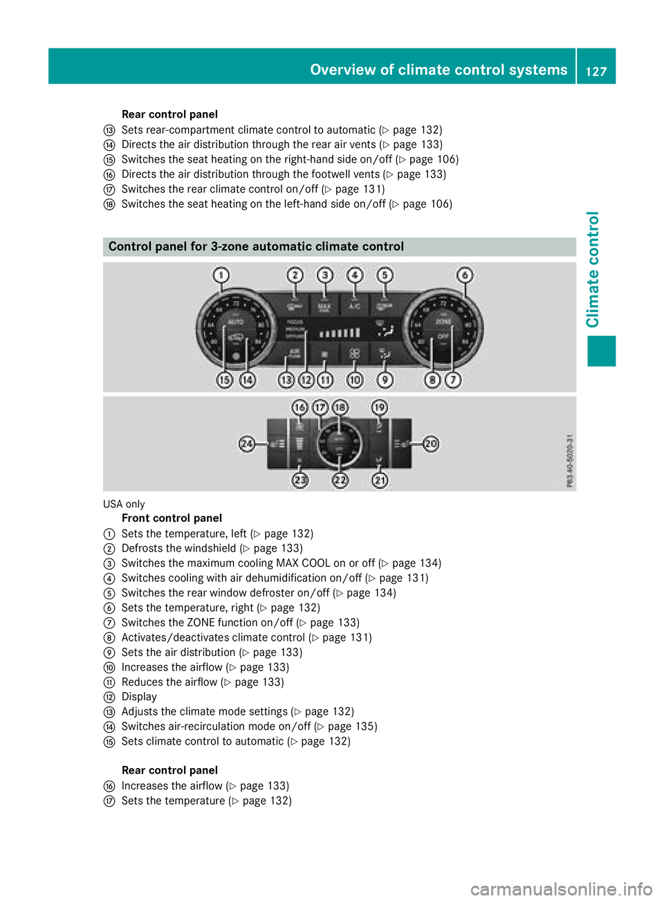 MERCEDES-BENZ GLS SUV 2018  Owners Manual Rear control panel
ISets rear-compartment climate control to automatic (Ypage 132)
JDirects the air distribution through the rear air vents (Ypage 133)
KSwitches the seat heating on the right-hand sid