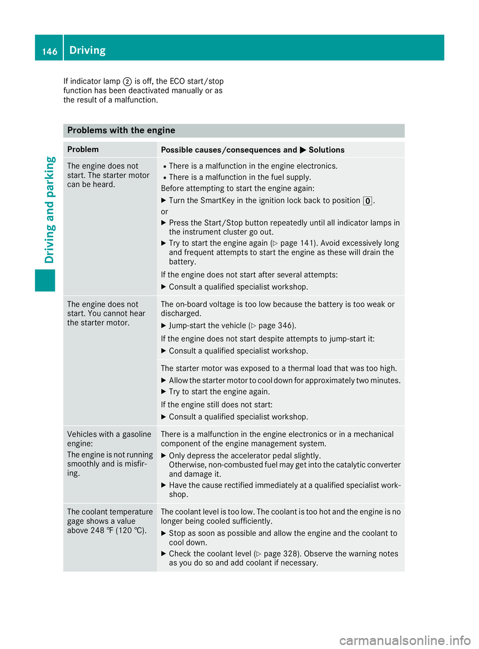 MERCEDES-BENZ GLS SUV 2018  Owners Manual If indicator lamp;is off, the ECO start/stop
function has been deactivated manually or as
the result of a malfunction.
Problems with the engine
ProblemPossible causes/consequences and MSolutions
The e