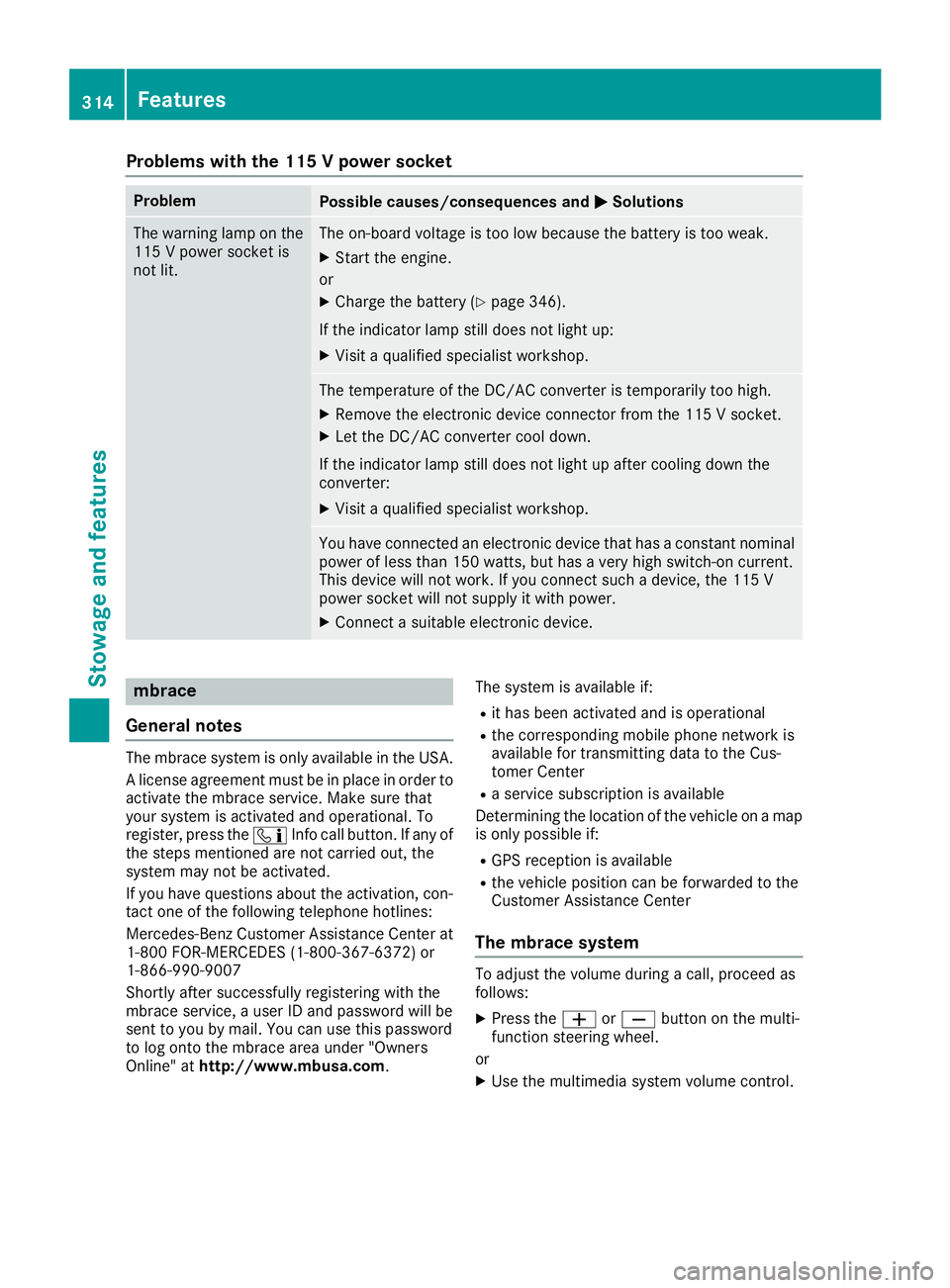 MERCEDES-BENZ GLS SUV 2018 Owners Manual Problems with the 115 V power socket
ProblemPossible causes/consequences andMSolutions
The warning lamp on the
115 V power socket is
not lit.The on-board voltage is too low because the battery is too MERCEDES-BENZ GLS SUV 2018 Owners Manual Problems with the 115 V power socket
ProblemPossible causes/consequences andMSolutions
The warning lamp on the
115 V power socket is
not lit.The on-board voltage is too low because the battery is too