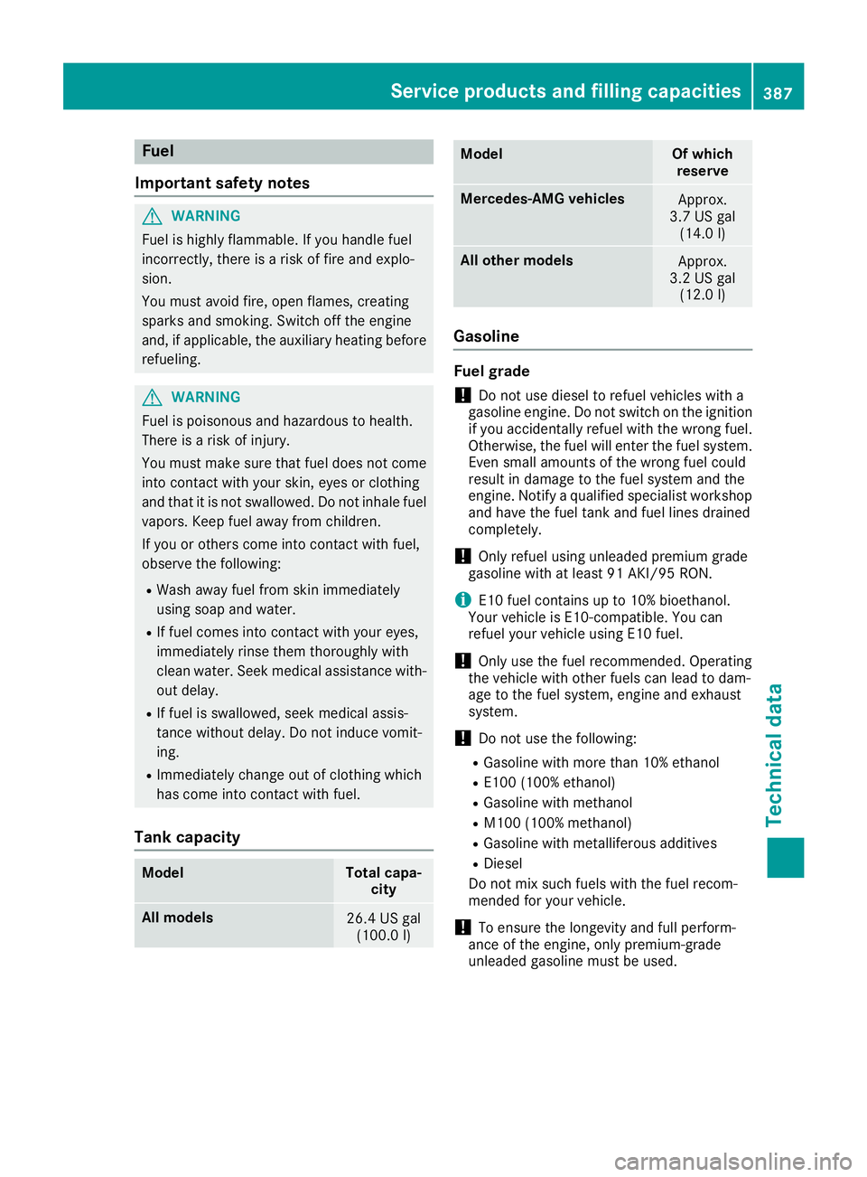 MERCEDES-BENZ GLS SUV 2018  Owners Manual Fuel
Important safety notes
GWARNIN G
Fuel is highly flammable .If you handle fuel
incorrectly, there is aris kof fir eand explo-
sion .
You must avoi dfire, open flames, creating
sparks and smoking. 