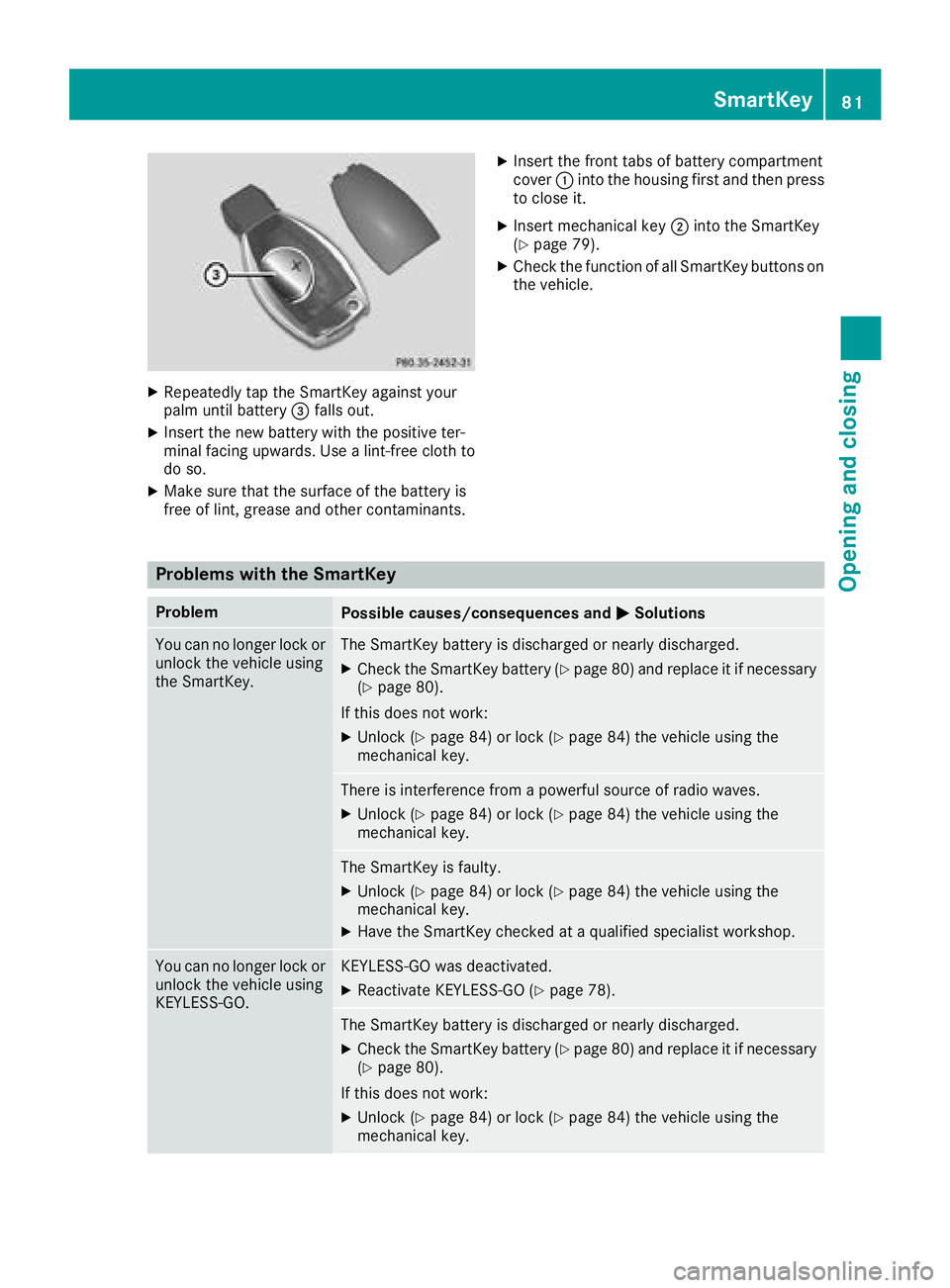 MERCEDES-BENZ GLS SUV 2018 Manual Online XRepeatedly tap theSmartKey against your
palm until battery =falls out .
XInsertth ene wbattery wit hth epositive ter-
minal facing upwards. Use alint-free cloth to
do so.
XMak esur ethat th esurfac e