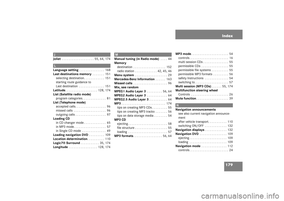 MERCEDES-BENZ SLK-Class 2008 R171 Comand Manual 179 Index
 JJoliet . . . . . . . . . . . . . . . . . . .  55, 
64, 
174
 LLanguage setting. . . . . . . . . . . . . . .  168Last destinations memory . . . . . . .  151selecting destination. . . . . . 