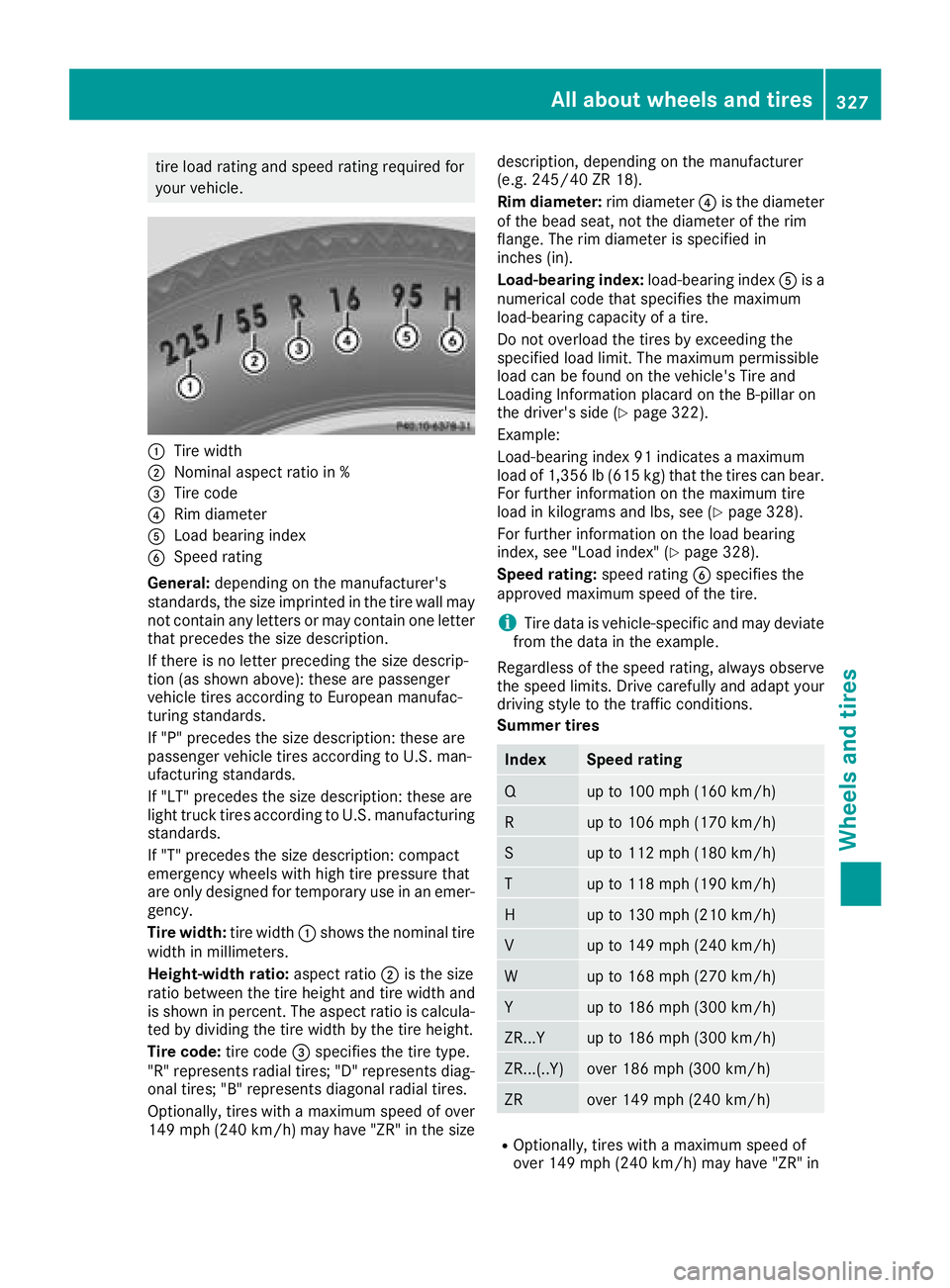 MERCEDES-BENZ C-CLASS CABRIOLET 2018 Owners Manual tire load rating and speed rating required for
your vehicle.
:Tire width
;Nominal aspect ratio in %
=Tire code
?Rim diameter
ALoad bearing index
BSpeed rating
General: depending on the manufacturer MERCEDES-BENZ C-CLASS CABRIOLET 2018 Owners Manual tire load rating and speed rating required for
your vehicle.
:Tire width
;Nominal aspect ratio in %
=Tire code
?Rim diameter
ALoad bearing index
BSpeed rating
General: depending on the manufacturer