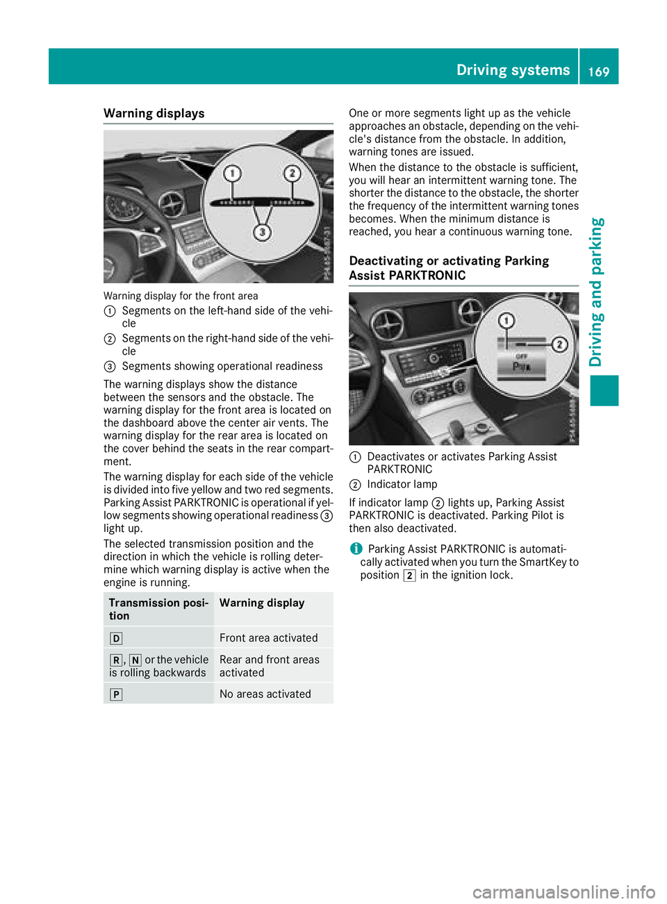 MERCEDES-BENZ SL ROADSTER 2018 Owners Manual Warning displays
Warning display for the front area
:
Segments on the left-hand side of the vehi-
cle
;Segments on the right-hand side of the vehi-cle
=Segments showing operational readiness
The warni MERCEDES-BENZ SL ROADSTER 2018 Owners Manual Warning displays
Warning display for the front area
:
Segments on the left-hand side of the vehi-
cle
;Segments on the right-hand side of the vehi-cle
=Segments showing operational readiness
The warni