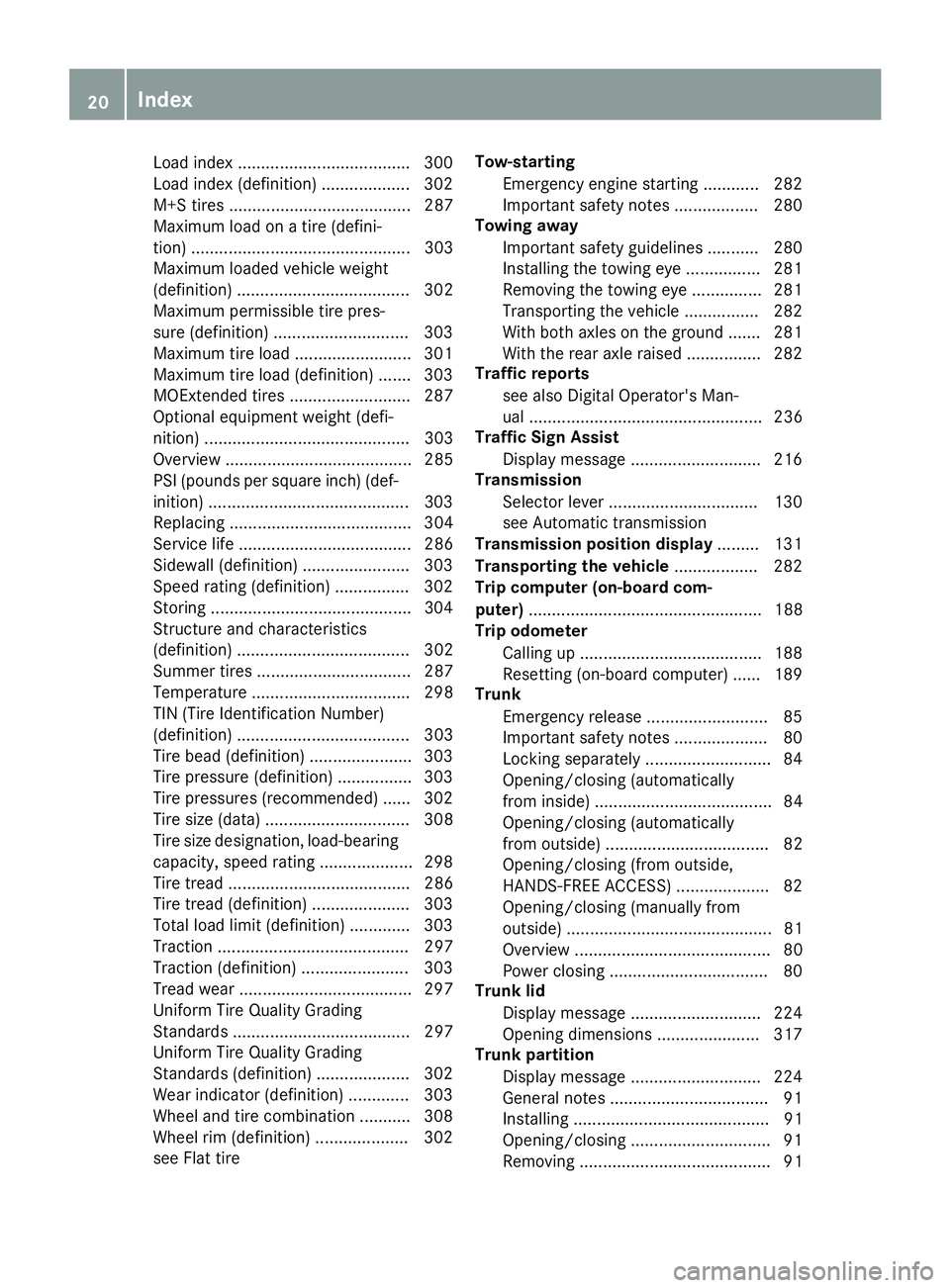MERCEDES-BENZ SL ROADSTER 2018 Owners Manual Load index .....................................300
Load index (definition) ................... 302
M+S tires ....................................... 287
Maximum load on a tire (defini-
tion) ........ MERCEDES-BENZ SL ROADSTER 2018 Owners Manual Load index .....................................300
Load index (definition) ................... 302
M+S tires ....................................... 287
Maximum load on a tire (defini-
tion) ........