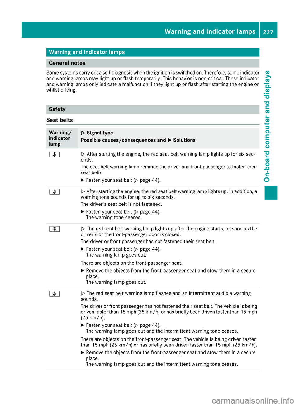 MERCEDES-BENZ SL ROADSTER 2018  Owners Manual Warning and indicator lamps
General notes
Some systems carry out a self-diagnosis when the ignition is switched on. Therefore, some indicatorand warning lamps may light up or flash temporarily. This b