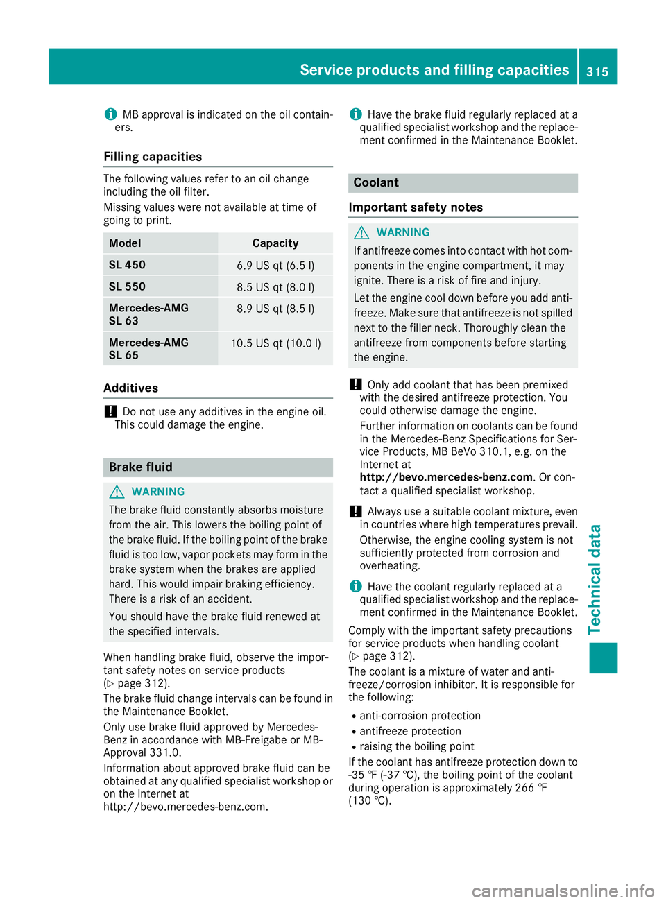 MERCEDES-BENZ SL ROADSTER 2018  Owners Manual iMB approval is indicated on the oil contain-
ers.
Filling capacities
The following values refer to an oil change
including the oil filter.
Missing values were not available at time of
going to print.