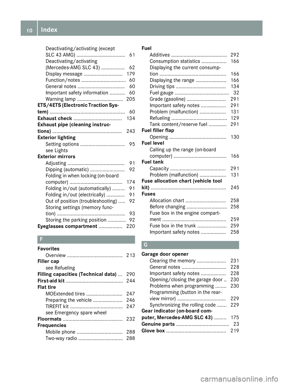 MERCEDES-BENZ SLC ROADSTER 2018  Owners Manual Deactivating/activating (except
SLC 43 AMG)................................... 61
Deactivating/activating
(Mercedes-AMG SLC 43) ................. 62
Display message ............................ 179
Fu