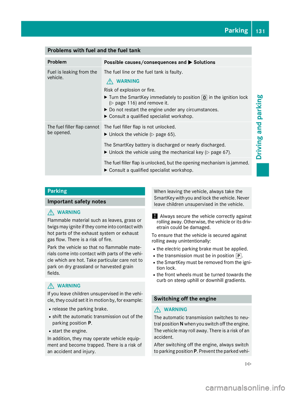 MERCEDES-BENZ SLC ROADSTER 2018 Owners Manual Problems with fuel and the fuel tank
ProblemPossible causes/consequences andMSolutions
Fuel is leaking from the
vehicle.The fuel line or the fuel tank is faulty.
GWARNING
Risk of explosion or fire.
XT MERCEDES-BENZ SLC ROADSTER 2018 Owners Manual Problems with fuel and the fuel tank
ProblemPossible causes/consequences andMSolutions
Fuel is leaking from the
vehicle.The fuel line or the fuel tank is faulty.
GWARNING
Risk of explosion or fire.
XT