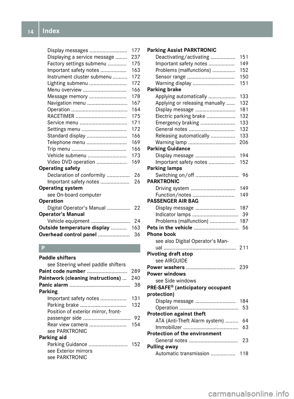 MERCEDES-BENZ SLC ROADSTER 2018 User Guide Display messages.......................... 177
Displaying aservice message ........ 237
Factory settings submenu ............. 175
Important safety notes .................. 163
Instrument cluster subm