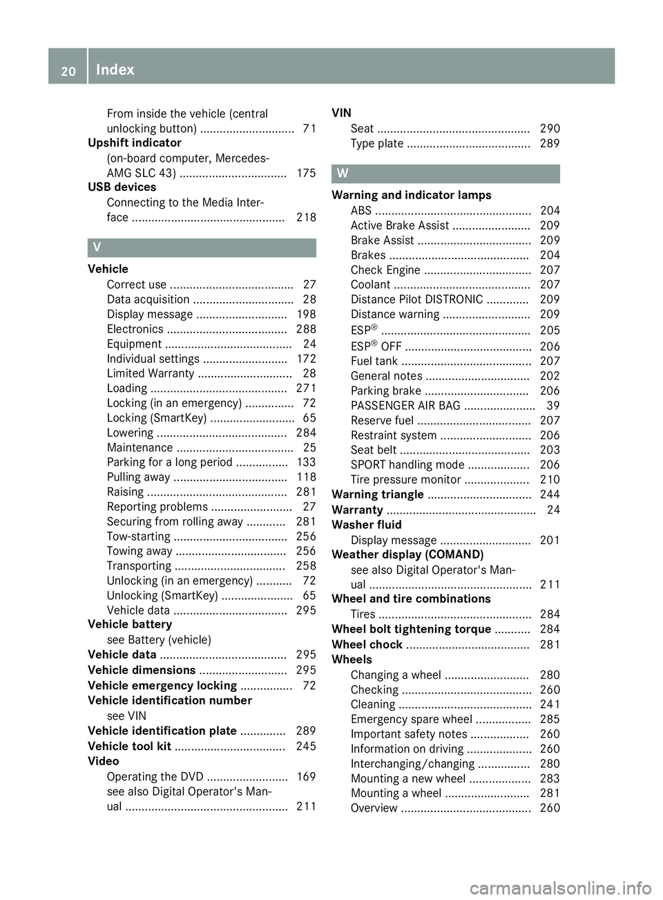 MERCEDES-BENZ SLC ROADSTER 2018  Owners Manual From inside the vehicle (central
unlocking button) ............................. 71
Upshift indicator
(on-board computer, Mercedes-
AMG SLC 43) .................................1 75
USB devices
Connec