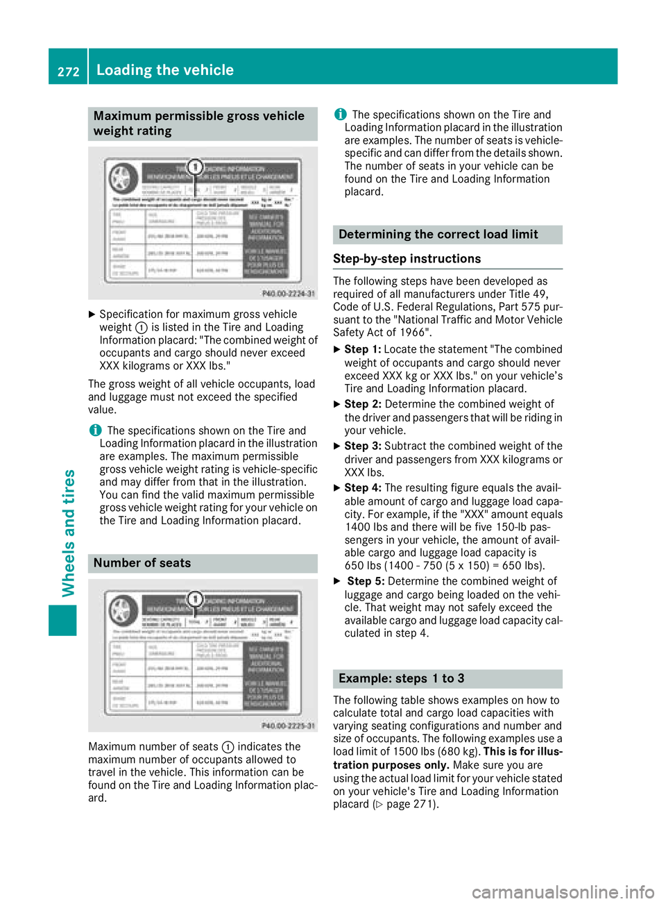 MERCEDES-BENZ SLC ROADSTER 2018 Owners Manual Maximum permissible gross vehicle
weight rating
XSpecification for maximumgross vehicle
weight :is listed in the Tire and Loading
Informatio nplacard: "The combined weight of
occupants and cargo s MERCEDES-BENZ SLC ROADSTER 2018 Owners Manual Maximum permissible gross vehicle
weight rating
XSpecification for maximumgross vehicle
weight :is listed in the Tire and Loading
Informatio nplacard: "The combined weight of
occupants and cargo s
