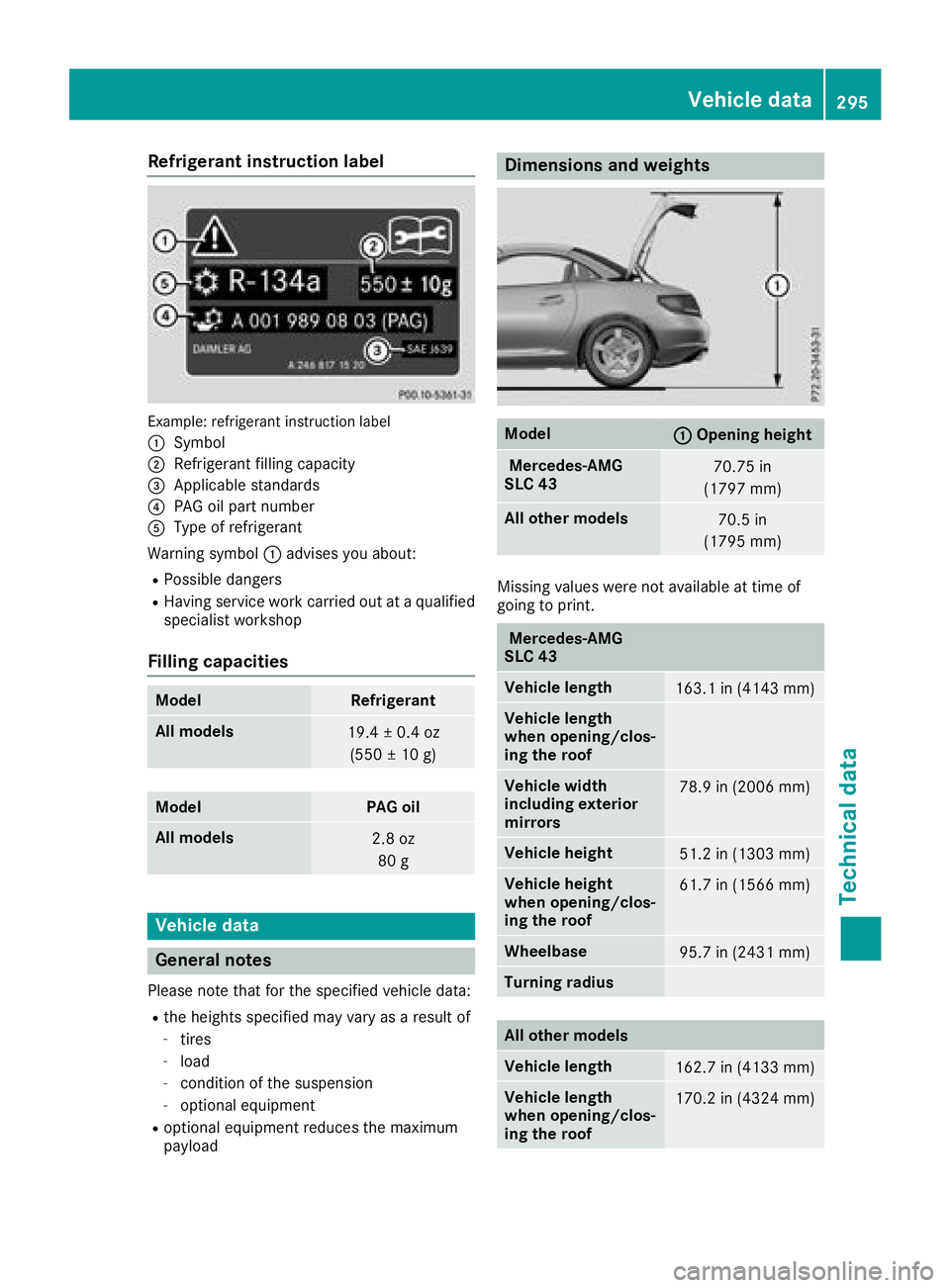 MERCEDES-BENZ SLC ROADSTER 2018  Owners Manual Refrigerant instructionlabel
Example:refrigerant instruction label
:
Symbol
;Refrigerant filling capacity
=Applicabl estandards
?PAG oilp artn umber
AType of refrigerant
Warning symbol :advises yo uab