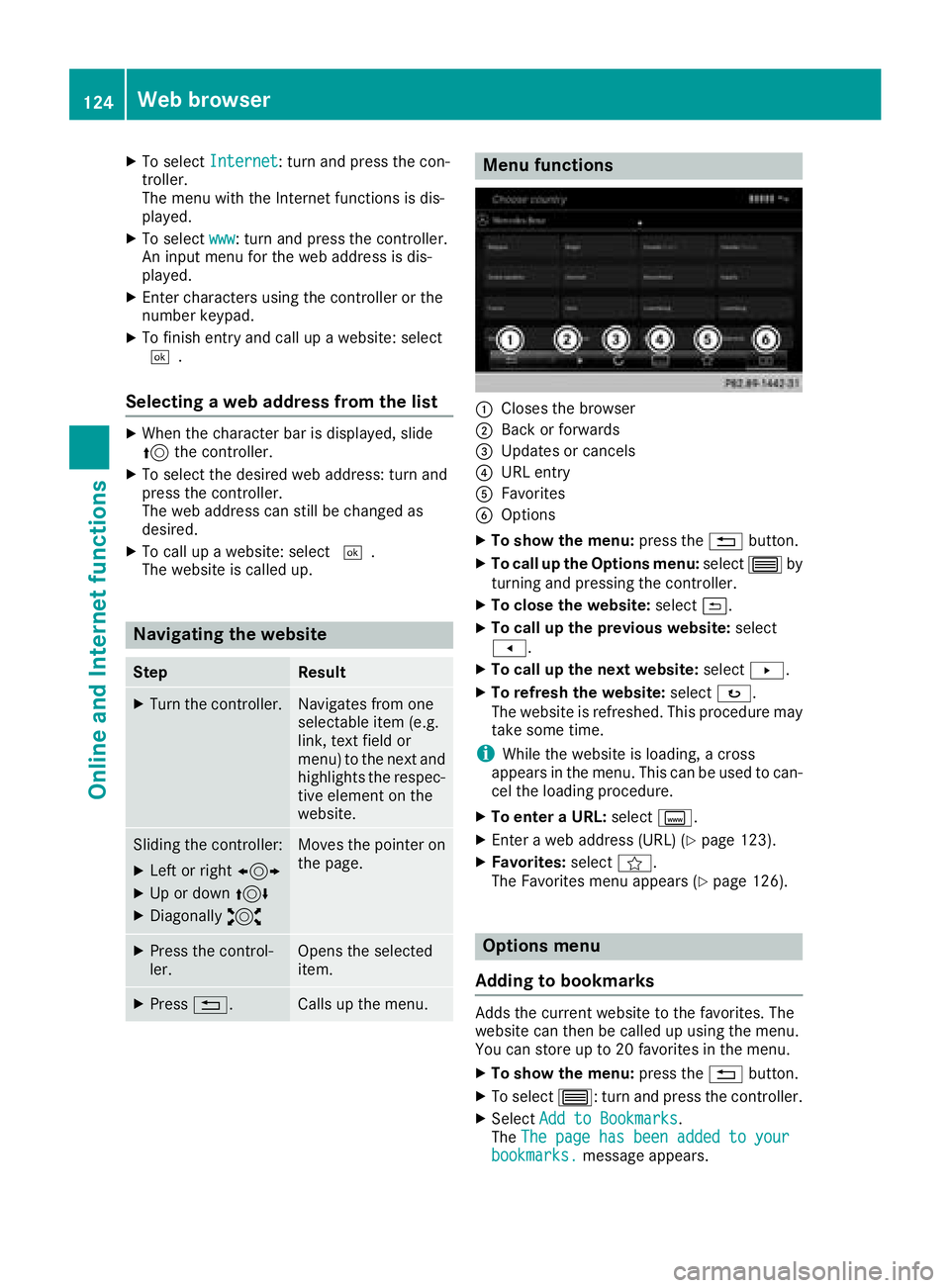 MERCEDES-BENZ SLC ROADSTER 2018  COMAND Manual XTo selectInternet: turn and press the con-
troller.
The menu with the Internet functions is dis-
played.
XTo select www: turn and press the controller.
An input menu for the web address is dis-
playe