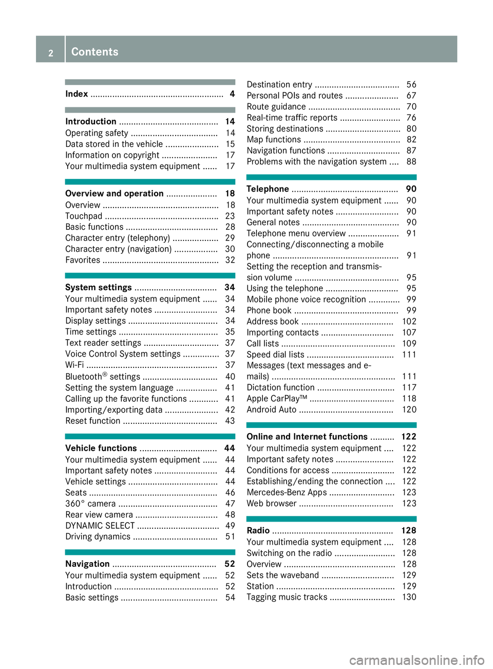 MERCEDES-BENZ SLC ROADSTER 2018  COMAND Manual Index....................................................... 4
Introduction......................................... 14
Operating safety .................................... 14
Data stored in the vehi