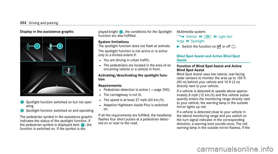 MERCEDES-BENZ S-CLASS CABRIOLET 2018  Owners Manual Displayin the assistance graphic
1Spotlight function switched on but not oper‐
ating
2Spotlight function switched on and operating
The pedestrian symbol in the assis tance graphic
indica testh est a