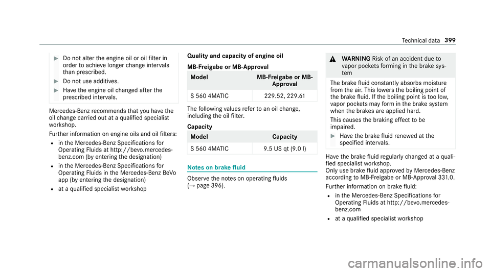 MERCEDES-BENZ S-CLASS CABRIOLET 2018 Owners Manual #Do not alterth e engine oil or oil filter in
order toachie velonger change inter vals
th an prescri bed.
#Do not use additives.
#Have the engine oil changed af terth e
prescribed inter vals.
Mercedes MERCEDES-BENZ S-CLASS CABRIOLET 2018 Owners Manual #Do not alterth e engine oil or oil filter in
order toachie velonger change inter vals
th an prescri bed.
#Do not use additives.
#Have the engine oil changed af terth e
prescribed inter vals.
Mercedes