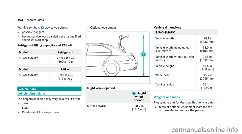 MERCEDES-BENZ S-CLASS CABRIOLET 2018 Owners Manual Warning symbols 1advise you about:
Rpossible dangers
Rhaving service workcar ried out at a qualified
specialist workshop
Re frigerant filling capacity and PAG oil
Model Refrigerant
S 560 4MATIC 23.3 MERCEDES-BENZ S-CLASS CABRIOLET 2018 Owners Manual Warning symbols 1advise you about:
Rpossible dangers
Rhaving service workcar ried out at a qualified
specialist workshop
Re frigerant filling capacity and PAG oil
Model Refrigerant
S 560 4MATIC 23.3