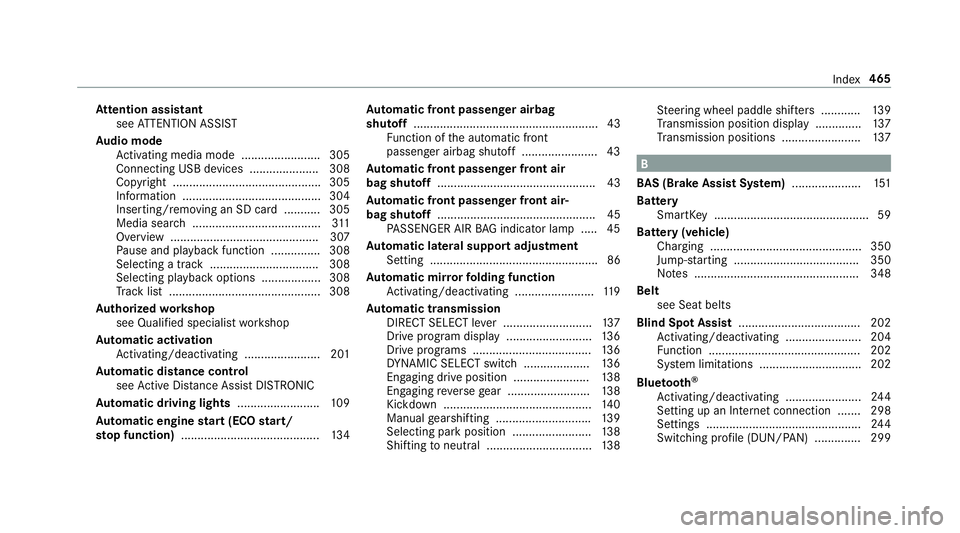 MERCEDES-BENZ S-CLASS CABRIOLET 2018  Owners Manual Attention assistant
see ATTENTION ASSIST
Au dio mode
Ac tivating media mode ........................ 305
Connecting USB devices ..................... 308
Co pyright ...................................