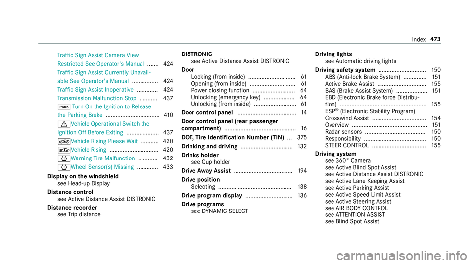 MERCEDES-BENZ S-CLASS CABRIOLET 2018  Owners Manual Traf fic Sign Assist CameraView
Re stricted See Ope rator's Manual .......424
Tr af fic Sign Assist Currently Unavail‐
able See Operator's Manual ................ 424
Tr af fic Sign Assist I