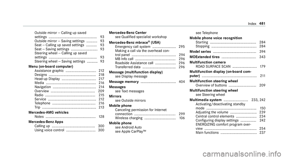 MERCEDES-BENZ S-CLASS CABRIOLET 2018  Owners Manual Outside mirror — Calling up sa ved
settings .................................................9 3
Outside mir ror — Saving settings ........... 93
Seat — Calling up sa ved settings ...........9 3