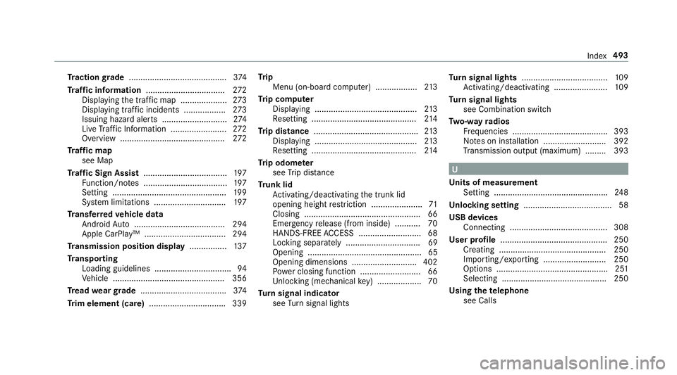 MERCEDES-BENZ S-CLASS CABRIOLET 2018  Owners Manual Traction grade .......................................... 374
Tr af fic information .................................. 272
Displ aying the tra ffic map .................... 273
Displ aying traf fic in