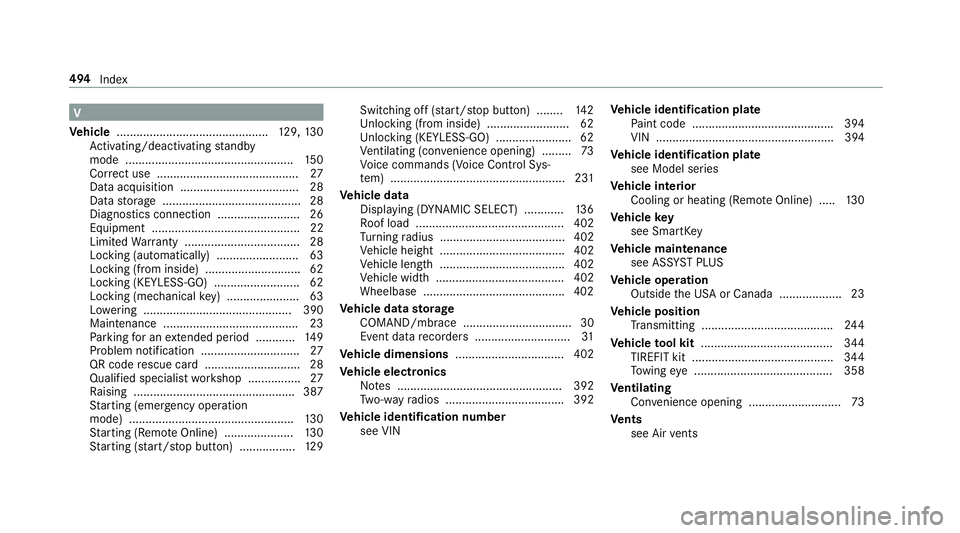 MERCEDES-BENZ S-CLASS CABRIOLET 2018  Owners Manual V
Ve hicle .............................................. 129, 130
Ac tivating/deactivating standby
mode .................................................. .150
Cor rect use ..........................