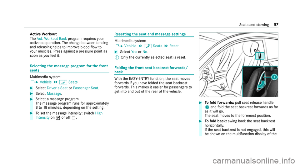 MERCEDES-BENZ S-CLASS CABRIOLET 2018  Owners Manual Active Workout
The Act. Workout Back programrequ ires your
act ive cooperation. The change between tensing
and releasing helps toimpr ove blood flow to
yo ur muscles. Press against a pressure point as