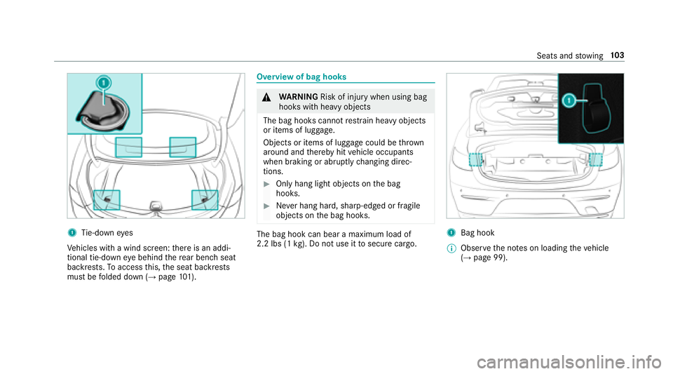 MERCEDES-BENZ E-CLASS CABRIOLET 2018 Owners Manual 1Tie-down eyes
Ve hicles with a wind screen: there is an addi‐
tional tie-down eye behind there ar bench seat
backrests. Toaccess this, the seat backrests
must be folded down (
→page 101).
Overvie MERCEDES-BENZ E-CLASS CABRIOLET 2018 Owners Manual 1Tie-down eyes
Ve hicles with a wind screen: there is an addi‐
tional tie-down eye behind there ar bench seat
backrests. Toaccess this, the seat backrests
must be folded down (
→page 101).
Overvie