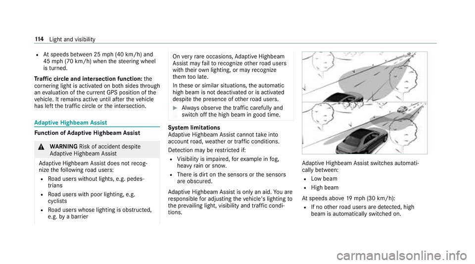 MERCEDES-BENZ E-CLASS CABRIOLET 2018  Owners Manual RAtspeeds between 25 mph(4 0 km/h) and
45 mph(7 0 km/h) when thesteering wheel
is turned.
Tr af fic circle and intersection function: the
cornering light is acti vated on bo thsides thro ugh
an eva lu