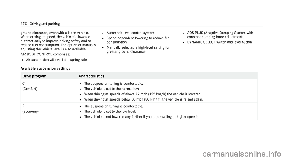 MERCEDES-BENZ E-CLASS CABRIOLET 2018  Owners Manual ground clearance,even wi tha laden vehicle.
When driving at speed, theve hicle is lo wered
automatically toimpr ovedriving saf etyand to
re duce fuel consum ption. The option of manually
adjusting the