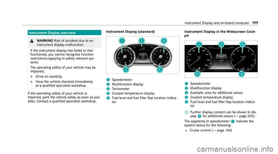 MERCEDES-BENZ E-CLASS CABRIOLET 2018 Owners Manual Instrument Displayoverview
0071
WARNING Risk of accident due toan
instrument display malfunction
If th e instrument display has failed or mal‐
functioned, you cannot recognize function
re strictions MERCEDES-BENZ E-CLASS CABRIOLET 2018 Owners Manual Instrument Displayoverview
0071
WARNING Risk of accident due toan
instrument display malfunction
If th e instrument display has failed or mal‐
functioned, you cannot recognize function
re strictions