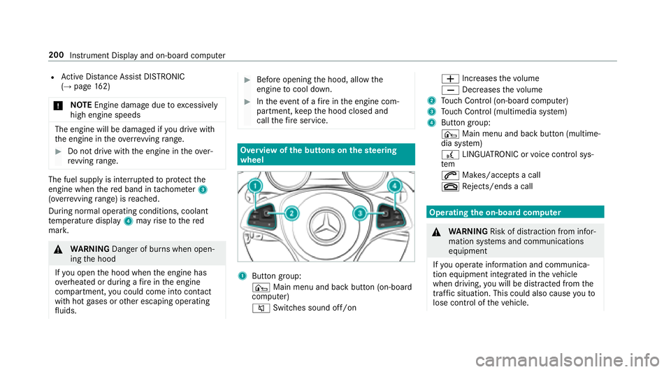MERCEDES-BENZ E-CLASS CABRIOLET 2018 Owners Manual RActive Dis tance Assist DISTRONIC
(→pa ge 162)
0075 NO
TEEngine damage duetoexc essively
high engine speeds
The engine will be damaged if youdriv ewit h
th e engine in theov errevving range.
00BBDo MERCEDES-BENZ E-CLASS CABRIOLET 2018 Owners Manual RActive Dis tance Assist DISTRONIC
(→pa ge 162)
0075 NO
TEEngine damage duetoexc essively
high engine speeds
The engine will be damaged if youdriv ewit h
th e engine in theov errevving range.
00BBDo