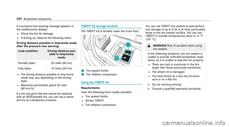 MERCEDES-BENZ E-CLASS CABRIOLET 2018 Owners Manual If a pressure losswarning message appears in
th e multifunction display:
RCheck the tire for dama ge.
RIf driving on, obser vethefo llowing no tes.
Driving distance possible in limp-home mode
af te r MERCEDES-BENZ E-CLASS CABRIOLET 2018 Owners Manual If a pressure losswarning message appears in
th e multifunction display:
RCheck the tire for dama ge.
RIf driving on, obser vethefo llowing no tes.
Driving distance possible in limp-home mode
af te r
